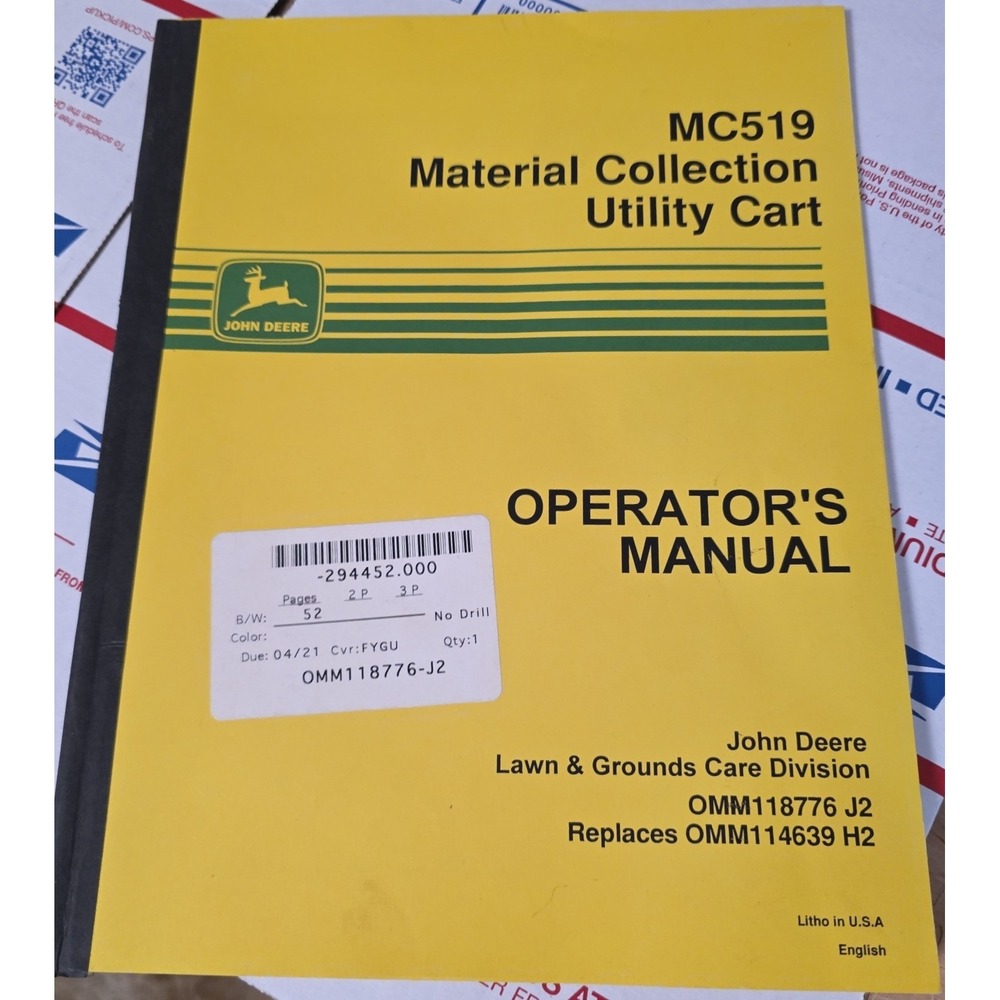 John Deere MC519 Material Collection Utility Cart Operator Manual OMM118776 J2